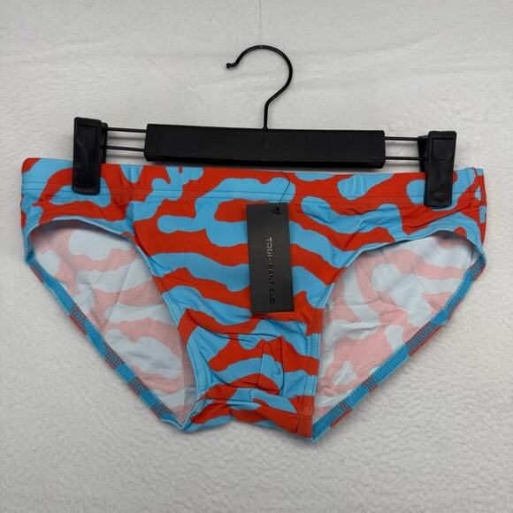 Todd Sanfield Swim Brief Men's Small Blue Abstract Retro Swimsuit Funky Deep NEW - Picture 1 of 5